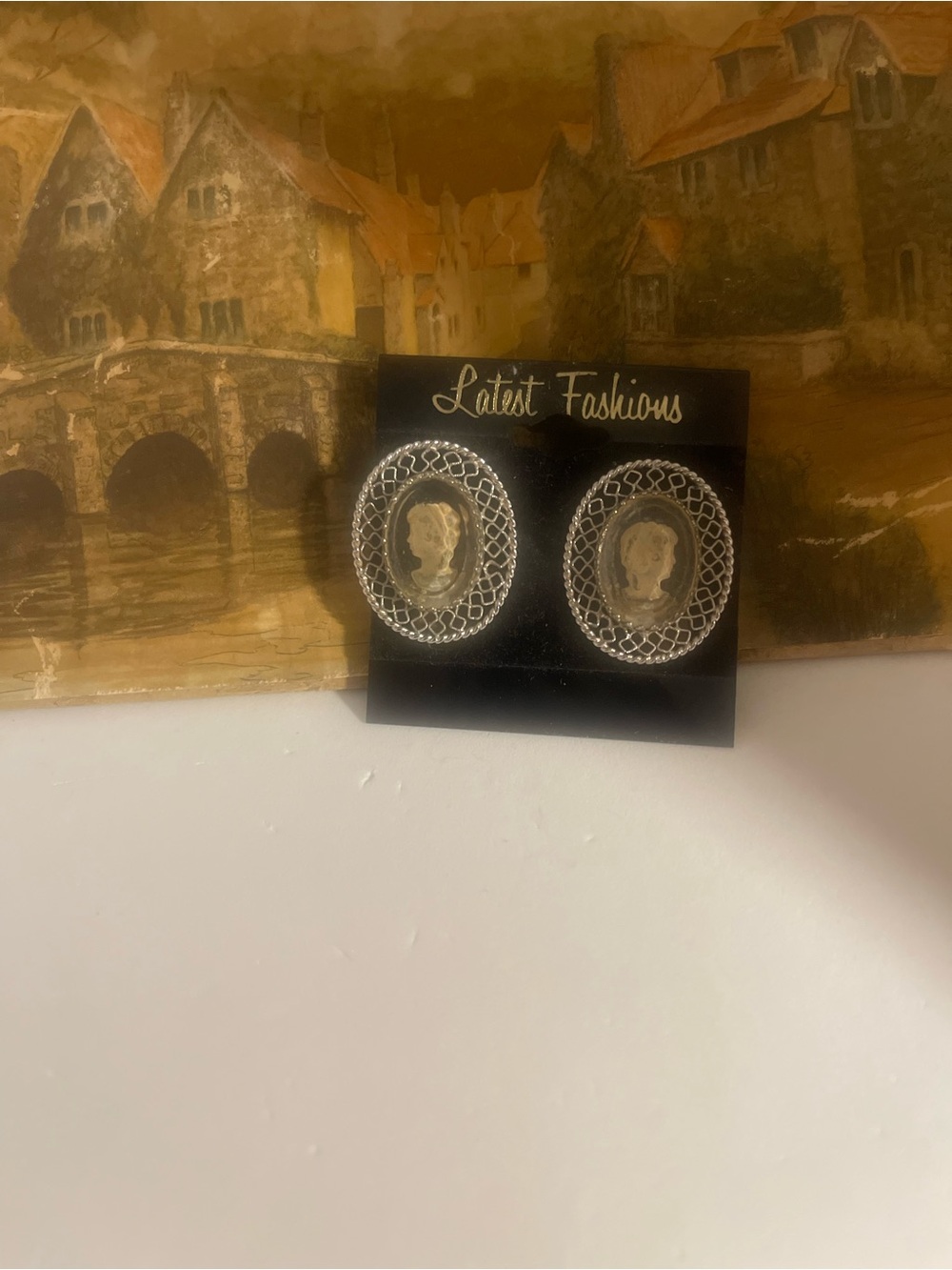 Whiting & Davis Silver Tone Cameo Filigree Oval Earrings